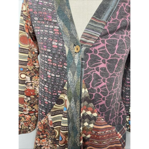 Sacred Threads Cardigan Womens M Open Front Boho Artsy Mixed Prints Asymmetrical - Picture 3 of 8